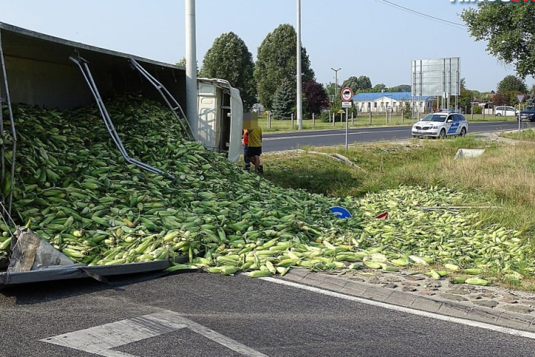 24 tonna csemegekukorica borult a körforgalomba Kecskeméten